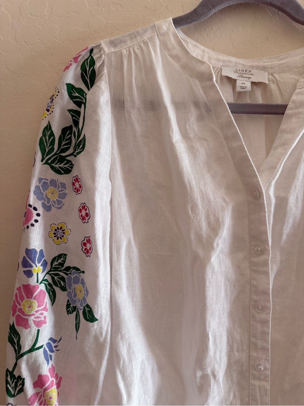 Charter Club, PS, linen floral print sleeve top with a button-front design - Picture 3 of 7